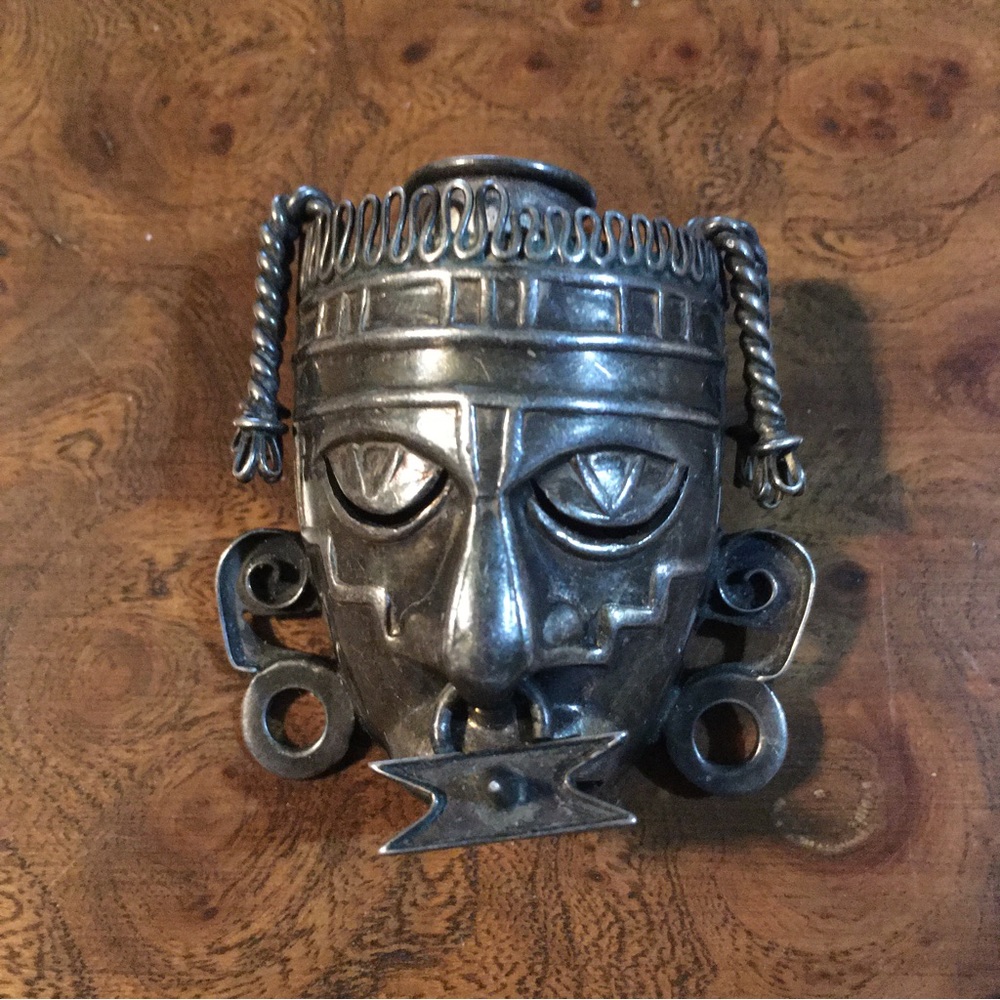 Los Castillo Articulated Sterling Silver Aztec Mask Brooch Mid Century Taxco